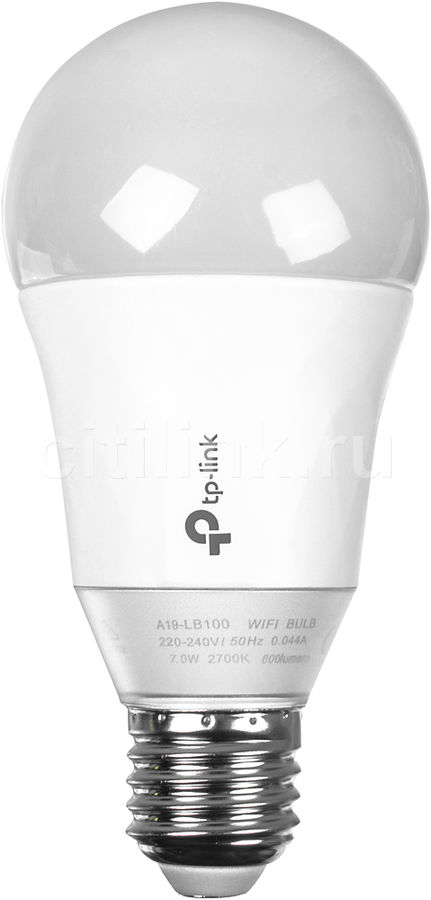 Умная лампа TP-Link LB100 Умная лампа TP-Link LB100Фурнитура<br>Умная светодиодная Wi-Fi лампа A19, 220-240В/50Гц, 2700 K (регулировка яркости). Не требуется концентратор, эквивалентно 50 Вт, 2,4 Гц. Поддержка стандартов 802.11b/g/n. Работает с мобильным приложением TP-LINK Kasa (Android, iOS). Wi-Fi-управление или удалённое с помощью облачного сервиса TP-LINK.<br>