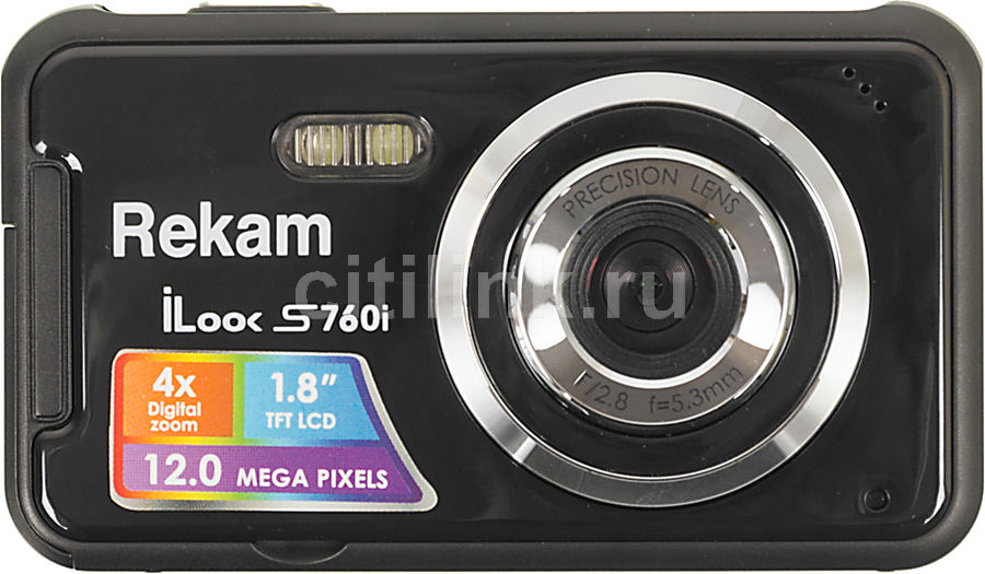 Цифровой фотоаппарат REKAM iLook S760i, черный Цифровой фотоаппарат REKAM iLook S760i, черныйЦифровые фотоаппараты<br>матрица - 12Мп CMOS, ЖК-дисплей 1.8, стабилизатор изображения электронный; цвет - черный<br><br>Линейка: iLook<br>Цвет: черный