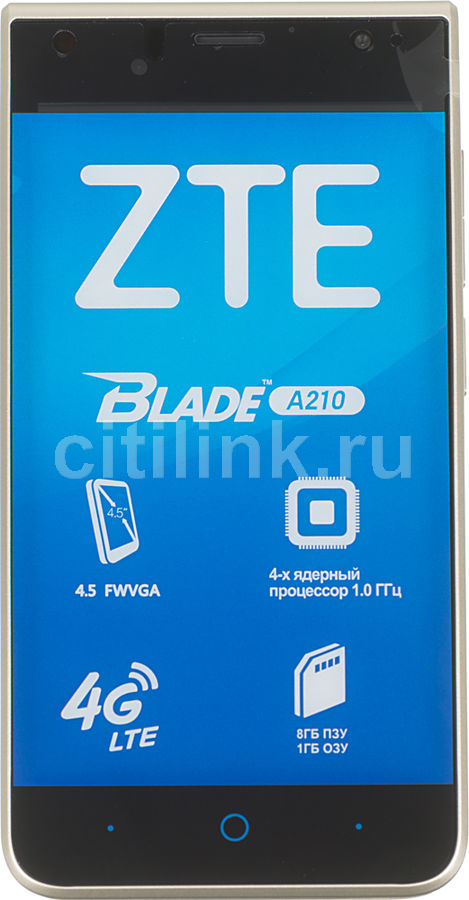 Смартфон ZTE Blade A210 золотистый Смартфон ZTE Blade A210 золотистыйМобильные телефоны<br>ОС Android 6.0, экран: 4.5, IPS, 854x480, процессор: MediaTek MT6735M, 1000МГц, 4-х ядерный, камера: 5Мп, FM-радио, GPS<br><br>Цвет: золотистый