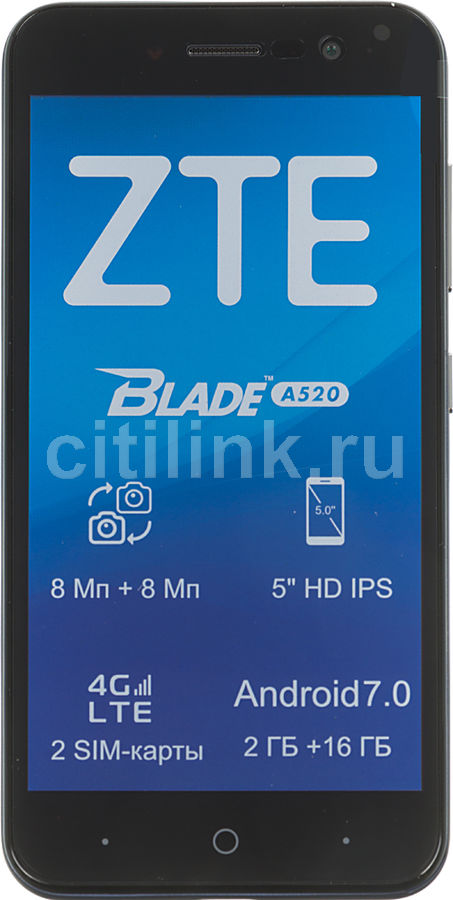 Смартфон ZTE Blade A520 синий Смартфон ZTE Blade A520 синийМобильные телефоны<br>ОС Android 7.0, экран: 5, IPS, 1280x720, процессор: MediaTek MTK6737, 1250МГц, 4-х ядерный, камера: 8Мп, GPS<br><br>Цвет: синий