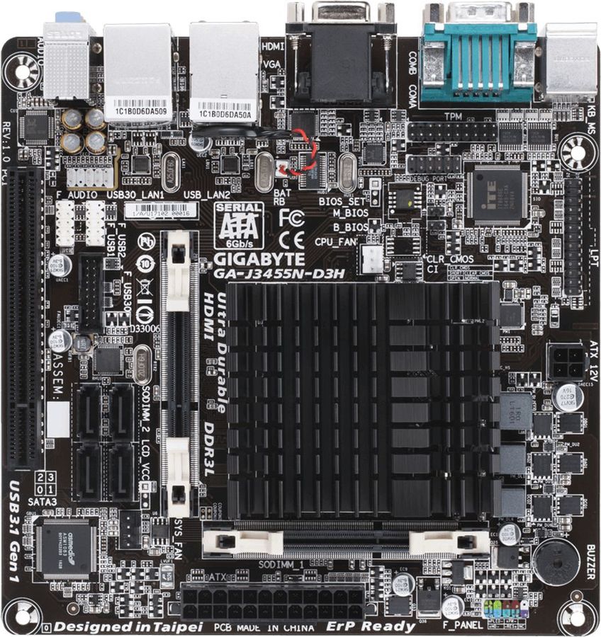 Материнская плата GIGABYTE GA-J3455N-D3H mini-ITX, Ret Материнская плата GIGABYTE GA-J3455N-D3H mini-ITX, RetМатеринские платы<br>интегрированный процессор; Intel Celeron J3455; память DDR3L - 2слота; частотой до 1866МГц; тип поставки: Ret; mini-ITX<br>