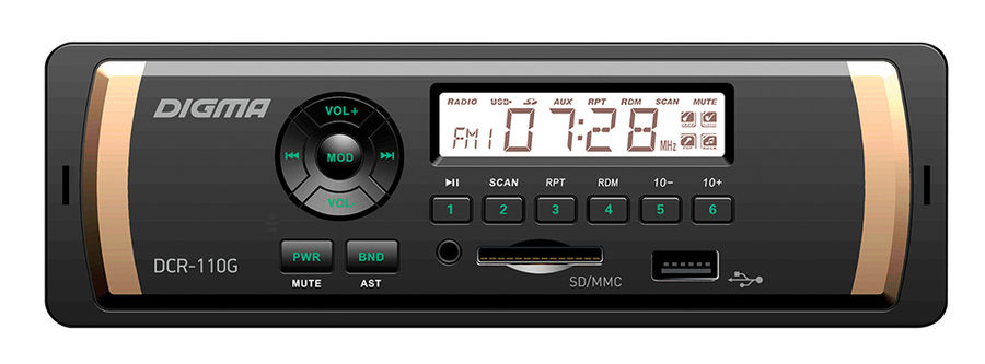 Автомагнитола DIGMA DCR-110G, USB, SD/MMC Автомагнитола DIGMA DCR-110G, USB, SD/MMCАвтомагнитолы<br>типоразмер: 1 din, USB-порт: фронтальный, основной тип карт памяти: SD/MMC<br><br>Цвет: черный