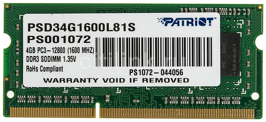 Модуль памяти PATRIOT PSD34G1600L81S DDR3L - 4Гб 1600, SO-DIMM, Ret Патриот