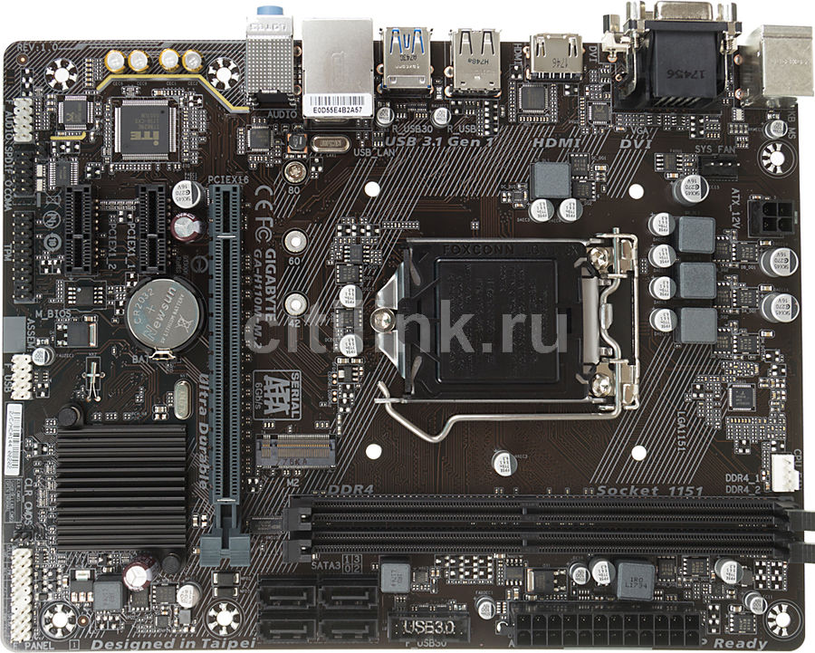 Материнская плата GIGABYTE GA-H110M-M.2 LGA 1151, mATX, Ret Материнская плата GIGABYTE GA-H110M-M.2 LGA 1151, mATX, RetМатеринские платы<br>гнездо процессора: LGA 1151; чипсет Intel H110; память DDR4 - 2слота; частотой до 2400МГц; тип поставки: Ret; mATX<br>