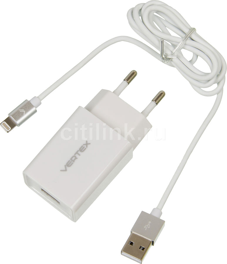 Сетевое зарядное устройство VERTEX MFI, USB, 8-pin Lightning (Apple), 2.4A, белый Сетевое зарядное устройство VERTEX MFI, USB, 8-pin Lightning (Apple), 2.4A, белыйЗарядные устройства<br>разъем на блоке з/у: USB; data-кабель в комплекте; разъем на конце кабеля: 8-pin Lightning (Apple); питание от бытовой сети; подходит для Apple iPhone 5/5S/5с/6/6 Plus; подходит для Apple iPad 4/Air/Air 2/mini/mini 2/mini 3; подходит для Apple iPod touch/nano; сила выходного тока: 2.4A; цвет: белый<br><br>Материал: пластик<br>Цвет: белый