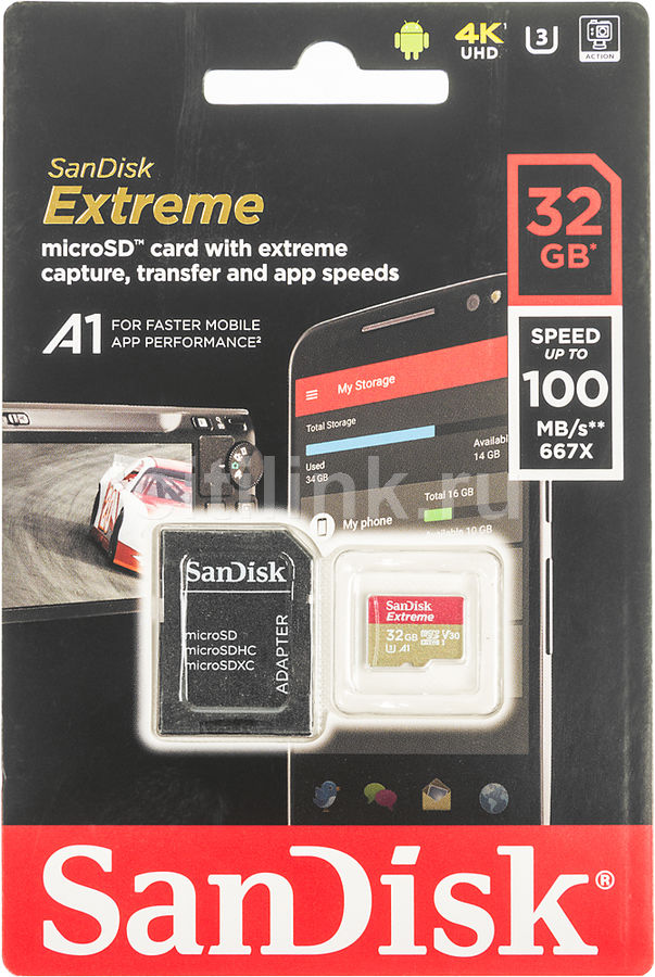 Карта памяти microSDHC UHS-I SANDISK Extreme 32 ГБ, 80 МБ/с, Class 10, SDSQXAF-032G-GN6MA, 1 шт., переходник SD sandisk sdsqxne 016g gn6ma extreme 16gb class 10 с адаптером
