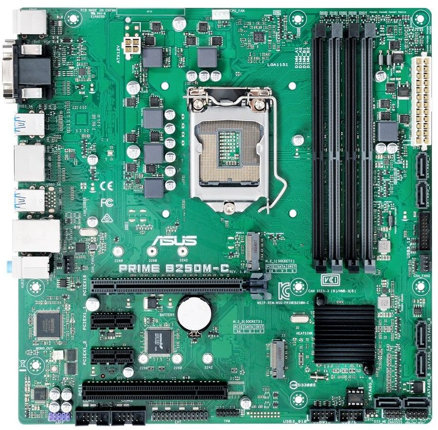 Материнская плата ASUS PRIME B250M-C/CSM LGA 1151, mATX, Ret Материнская плата ASUS PRIME B250M-C/CSM LGA 1151, mATX, RetМатеринские платы<br>гнездо процессора: LGA 1151; чипсет Intel B250; память DDR4 - 4слота; частотой до 2400МГц; тип поставки: Ret; mATX<br>