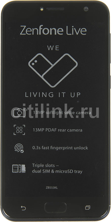 Смартфон ASUS Zenfone Live ZB553KL 16Gb, черный Смартфон ASUS Zenfone Live ZB553KL 16Gb, черныйМобильные телефоны<br>ОС Android 7.1, экран: 5.5, IPS, 1280x720, процессор: Qualcomm Snapdragon 425, 1400МГц, 4-х ядерный, камера: 13Мп, FM-радио, GPS, ГЛОНАСС<br><br>Цвет: черный