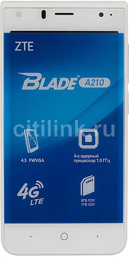 Смартфон ZTE Blade A210 белый Смартфон ZTE Blade A210 белыйМобильные телефоны<br>ОС Android 6.0, экран: 4.5, WVGA, 854x480, процессор: MediaTek MT6735M, 1000МГц, 4-х ядерный, камера: 5Мп, FM-радио, GPS<br><br>Цвет: белый