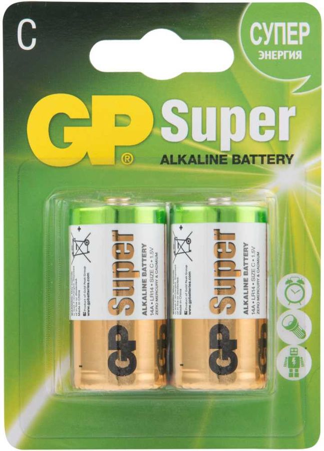 Батарея GP Super Alkaline 14A LR14, 2 шт. C Батарея GP Super Alkaline 14A LR14, 2 шт. CБатарейки<br>Комплект из 2 стандартных батареек стандарта C предназначенных для использования в многочисленных типах устройств от игрушек и фонарей до аудиотехники.<br><br>Линейка: Super Alkaline