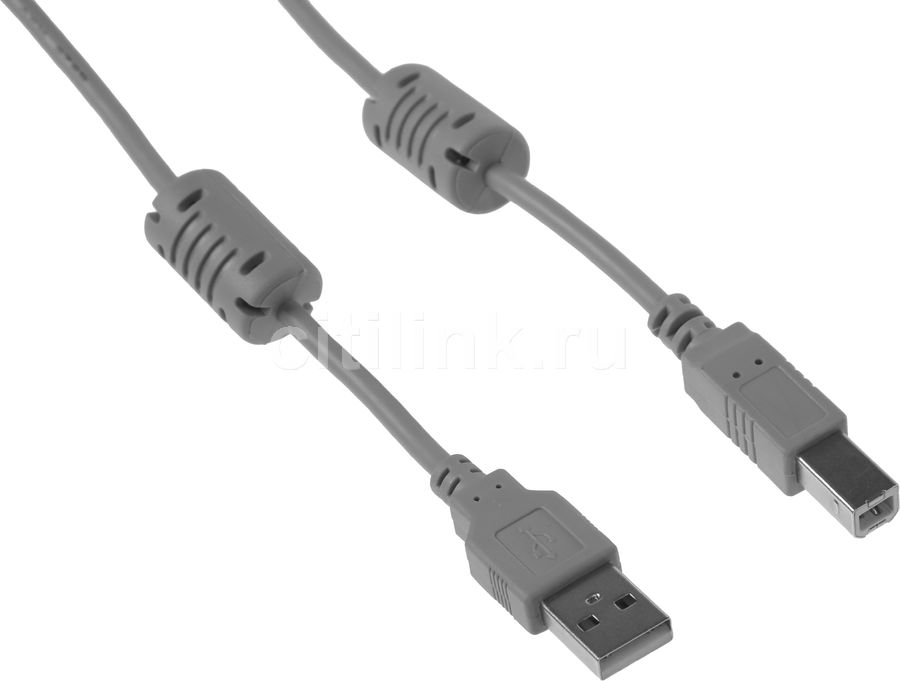 Кабель USB2.0 USB A(m) - USB B(m), ферритовый фильтр , 1.8м, серый Кабель USB2.0 USB A(m) - USB B(m), ферритовый фильтр , 1.8м, серыйКабели, переходники<br>Кабель для подключения оргтехники, источников бесперебойного питания и прочих устройств с портом USB type-B к персональным компьютерам и ноутбукам. Длина 1,8 метра.<br><br>Цвет: серый