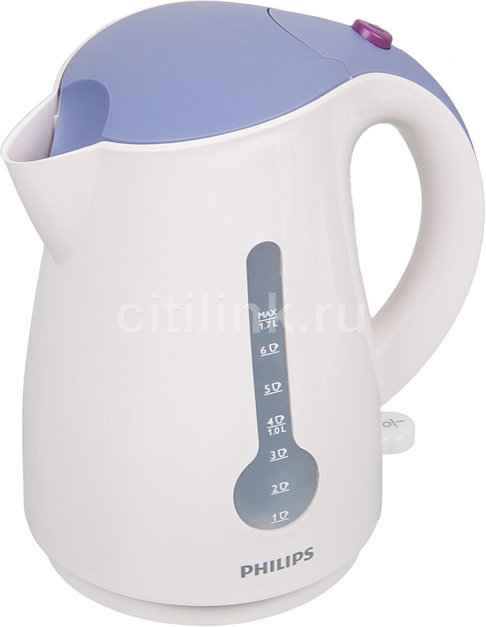 Чайник электрический PHILIPS HD4677/40, 2400Вт, белый и фиолетовый Чайник электрический PHILIPS HD4677/40, 2400Вт, белый и фиолетовыйЧайники электрические<br>мощность - 2400Вт; объем - 1.7л; корпус - пластик; фильтр от накипи, сигнал при закипании цвет - белый<br><br>Цвет: белый