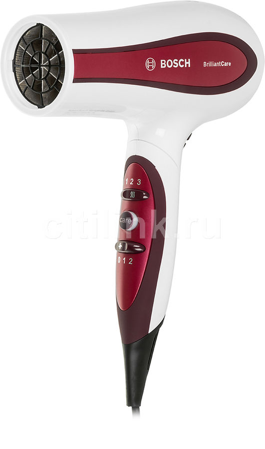 Фен BOSCH PHD5781, 2000Вт, белый и красный Фен BOSCH PHD5781, 2000Вт, белый и красныйФены<br>количество скоростей: 2; режимов: 3; насадок: 1шт; ионизация, концентратор; складная ручка; Отдельная кнопка холодного обдува для фиксации прически. Зажим для хранения шнура. Защита от перегрева.; длина шнура: 1.8м; мощность: 2000Вт; цвет: белый и красный<br><br>Цвет: белый и красный