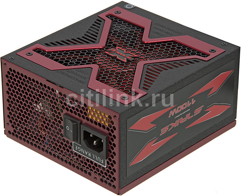 Блок питания AEROCOOL Strike-X 1100, 1100Вт, 140мм, красный, retail Блок питания AEROCOOL Strike-X 1100, 1100Вт, 140мм, красный, retailБлоки питания<br>АТХv2.3/EPSv2.92; размер вентилятора 140мм; мощность: 1100Вт; активный PFC; стандарт 80 PLUS GOLD; питание MB и CPU: 24+8+4+4 pin; питание видеокарты: 6х(6+2) pin; разъемы Molex: 8шт; разъемы SATA: 8шт; отсоединяющиеся кабели; cетевой кабель в комплекте; цвет: красный; тип поставки Ret<br><br>Цвет: красный