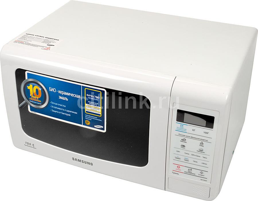 Микроволновая печь SAMSUNG GE733KR-X, белый Микроволновая печь SAMSUNG GE733KR-X, белыйМикроволновые печи<br>мощность 750Вт, объем 20л, гриль, внутреннее покрытие- биокерамическая эмаль, автоматическая разморозка, цвет- белый<br>