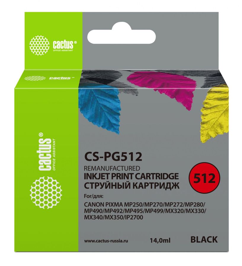 Картридж CACTUS CS-PG512 черный Картридж CACTUS CS-PG512 черныйКартриджи<br>черный, объем 14мл, для Pixma iP2700/MP240/MP250/MP260/MP270/MP272/MP280/MP480/MP490/MP492/MP495/MX320/MX330/MX340/MX350<br><br>Цвет: черный