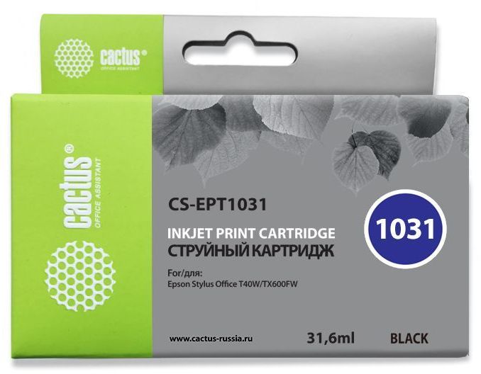 Картридж CACTUS CS-EPT1031 черный Картридж CACTUS CS-EPT1031 черныйКартриджи<br>черный, объем 31.6мл, для Stylus Office T40/T40w/TX510/TX510fn/TX600/TX600fw/TX550/X550w<br><br>Цвет: черный