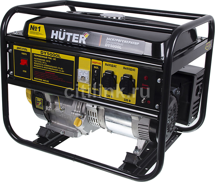 Бензиновый генератор HUTER DY5000L, 220 В, 4кВт Бензиновый генератор HUTER DY5000L, 220 В, 4кВтГенераторы<br>двигатель: бензиновый, 4-х тактный; топливный бак 22л; ручной старт; розетки: 230В (16А) = 2 шт, вес 72кг<br>