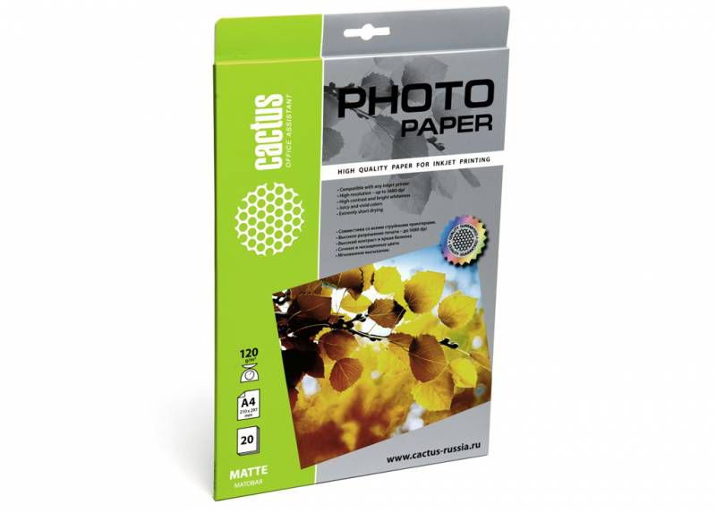 Фотобумага Cactus CS-MA412020 A4/120г/м2/20л./белый матовое для струйной печати Фотобумага Cactus CS-MA412020 A4/120г/м2/20л./белый матовое для струйной печатиБумага<br>формат: A4, покрытие: матовое, односторонняя печать, плотность: 120г/м2, количество листов: 20 листов, размер: 21x29.7 см<br><br>Цвет: белый