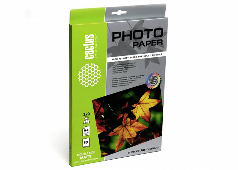 Фотобумага Cactus CS-MA422050DS A4/220г/м2/50л./белый матовое/матовое для струйной печати Фотобумага Cactus CS-MA422050DS A4/220г/м2/50л./белый матовое/матовое для струйной печатиБумага<br>формат: A4, покрытие: матовое, двусторонняя печать, плотность: 220г/м2, количество листов: 50 листов, размер: 21x29.7 см<br><br>Цвет: белый