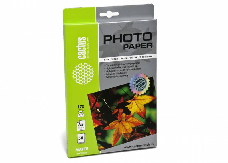 Фотобумага Cactus CS-MA517050 A5/170г/м2/50л./белый матовое для струйной печати Фотобумага Cactus CS-MA517050 A5/170г/м2/50л./белый матовое для струйной печатиБумага<br>формат: A5, покрытие: матовое, односторонняя печать, плотность: 170г/м2, количество листов: 50 листов, размер: 14.8x21 см<br><br>Цвет: белый