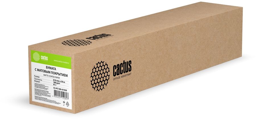 Бумага Cactus CS-PC180-61030 24(A1) 610мм-30м/180г/м2/белый универсальная (с покрытием) втулка:50.8 Бумага Cactus CS-PC180-61030 24(A1) 610мм-30м/180г/м2/белый универсальная (с покрытием) втулка:50.8Бумага<br>формат: 24(A1), односторонняя печать, плотность: 180г/м2, размер: 61x3000 см<br><br>Цвет: белый