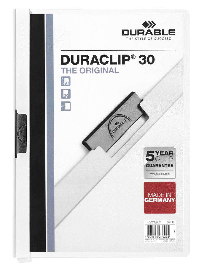 Папка с клипом Durable Duraclip 220002 прозрач. верх.лист A4 1-30лист. белый Папка с клипом Durable Duraclip 220002 прозрач. верх.лист A4 1-30лист. белыйПапки с клипом<br>формат: A4; вместимость: 1-30 листов; верхний лист: прозрачный<br><br>Линейка: Duraclip<br>Цвет: белый