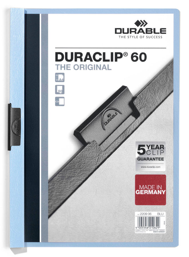 Папка с клипом Durable Duraclip 220906 прозрач. верх.лист A4 1-60лист. голубой Папка с клипом Durable Duraclip 220906 прозрач. верх.лист A4 1-60лист. голубойПапки с клипом<br>формат: A4; вместимость: 1-60 листов; верхний лист: прозрачный<br><br>Линейка: Duraclip<br>Цвет: голубой