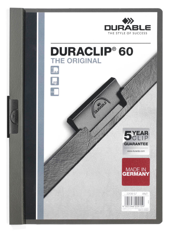 Папка с клипом Durable Duraclip Original 220957 прозрач. верх.лист A4 1-60лист. темно-серый Папка с клипом Durable Duraclip Original 220957 прозрач. верх.лист A4 1-60лист. темно-серыйПапки с клипом<br>формат: A4; вместимость: 1-60 листов; верхний лист: прозрачный<br><br>Линейка: Duraclip Original<br>Цвет: темно-серый