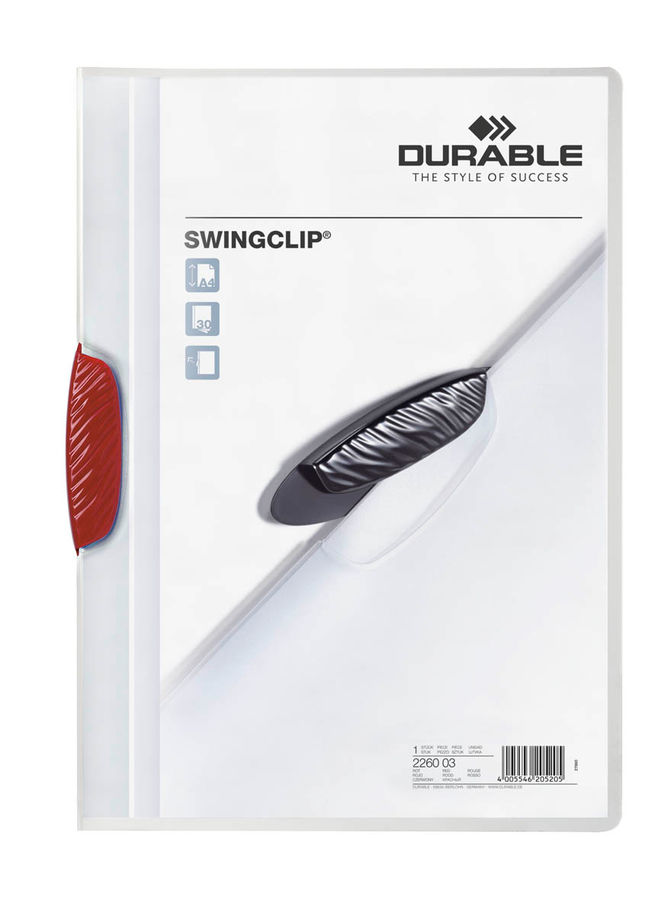 Папка с фигурным клипом Durable Swingclip 226003 полупрозрач. верх.лист A4 1-30лист. красный Папка с фигурным клипом Durable Swingclip 226003 полупрозрач. верх.лист A4 1-30лист. красныйПапки с клипом<br>формат: A4; вместимость: 1-30 листов; верхний лист: полупрозрачный<br><br>Линейка: Swingclip<br>Цвет: красный