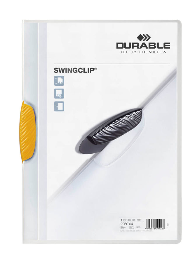 Папка с фигурным клипом Durable Swingclip 226004 полупрозрач. верх.лист A4 1-30лист. желтый Папка с фигурным клипом Durable Swingclip 226004 полупрозрач. верх.лист A4 1-30лист. желтыйПапки с клипом<br>формат: A4; вместимость: 1-30 листов; верхний лист: полупрозрачный<br><br>Линейка: Swingclip<br>Цвет: желтый