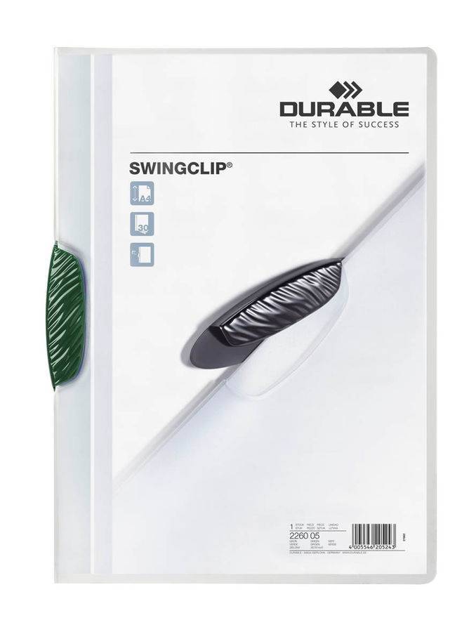 Папка с фигурным клипом Durable Swingclip 226005 полупрозрач. верх.лист A4 1-30лист. зеленый Папка с фигурным клипом Durable Swingclip 226005 полупрозрач. верх.лист A4 1-30лист. зеленыйПапки с клипом<br>формат: A4; вместимость: 1-30 листов; верхний лист: полупрозрачный<br><br>Линейка: Swingclip<br>Цвет: зеленый