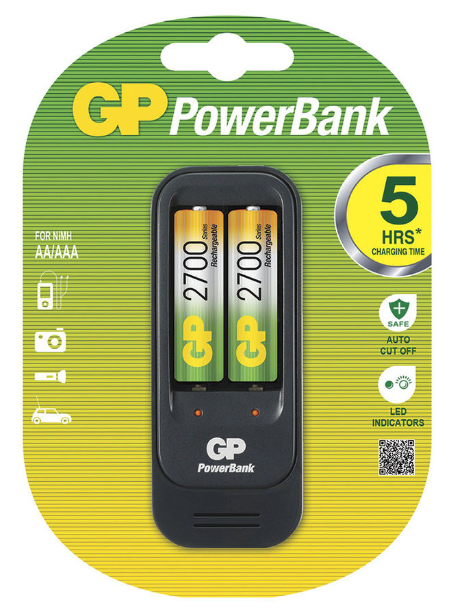 Аккумулятор + зарядное устройство GP PowerBank PB560GS270, 2 шт. AA, 2700мAч Аккумулятор + зарядное устройство GP PowerBank PB560GS270, 2 шт. AA, 2700мAчБатарейки<br>Зарядное устройство предназначенное для зарядки двух никель-металлогидридных аккумуляторов стандартов AA/AAA, индикация текущего уровня заряда осуществляется с помощью светодиодов. В комплект входят 2 аккумулятора AA по 2700 мАч.<br><br>Линейка: PowerBank