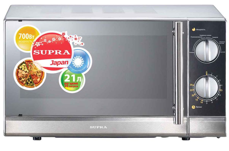 Микроволновая печь SUPRA MWS-2129MS, серебристый Микроволновая печь SUPRA MWS-2129MS, серебристыйМикроволновые печи<br>мощность 700Вт, объем 21л, автоматическая разморозка, цвет- серебристый<br>