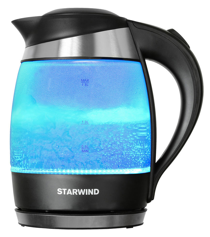 Чайник электрический STARWIND SKG2218, 2200Вт, голубой и черный Чайник электрический STARWIND SKG2218, 2200Вт, голубой и черныйЧайники электрические<br>мощность - 2200Вт; объем - 1.8л; корпус - стекло и пластик; фильтр от накипи, подсветка воды; цвет - голубой<br><br>Цвет: голубой