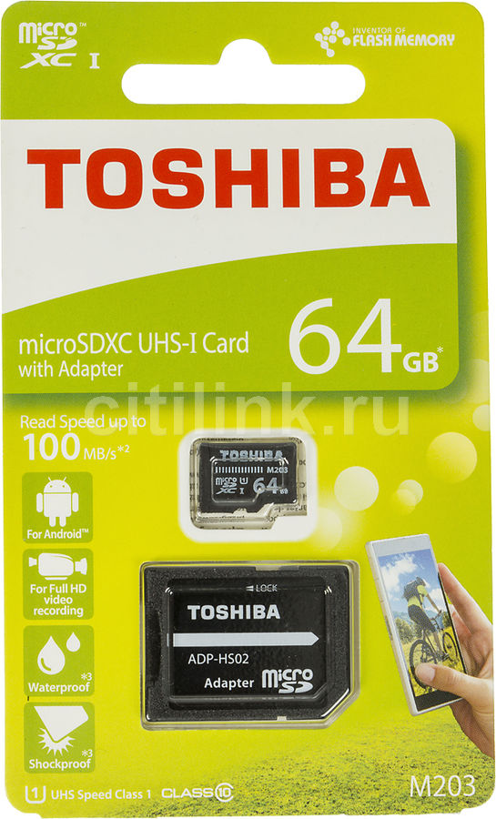 Карта памяти microSDXC UHS-I TOSHIBA M203 64 ГБ, 100 МБ/с, Class 10, THN-M203K0640EA, 1 шт., переходник SD