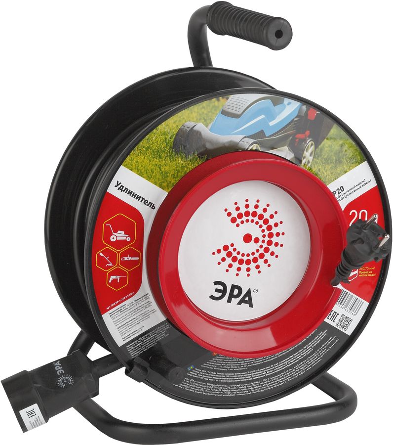 Удлинитель силовой Эра RP-1-2x0.75-20m (Б0017615) 2x0.75кв.мм 1розет. 20м ПВС 6A катушка черный