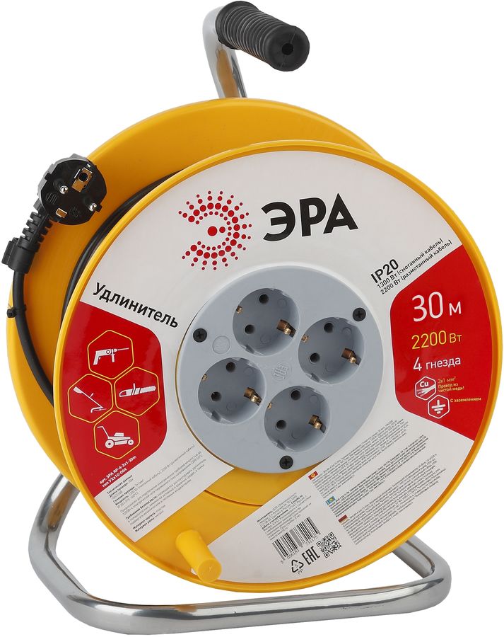 Удлинитель силовой Эра RP-4-3x1-30m (Б0033022) 3x1.0кв.мм 4розет. 30м ПВС 10A катушка черный