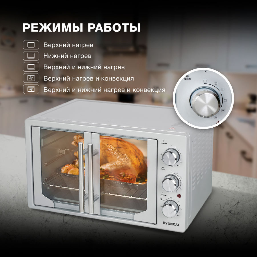 Характеристики Мини-печь Hyundai MIO-HY052 42л. 1500Вт серебристый (мех ...
