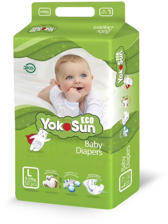 Характеристики YOKOSUN подгузники универсальные Eco 9-14 кг, размер L ...