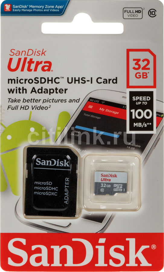Карта памяти microSDHC UHS-I Sandisk Ultra 32 ГБ - купить в Ситилинк ...