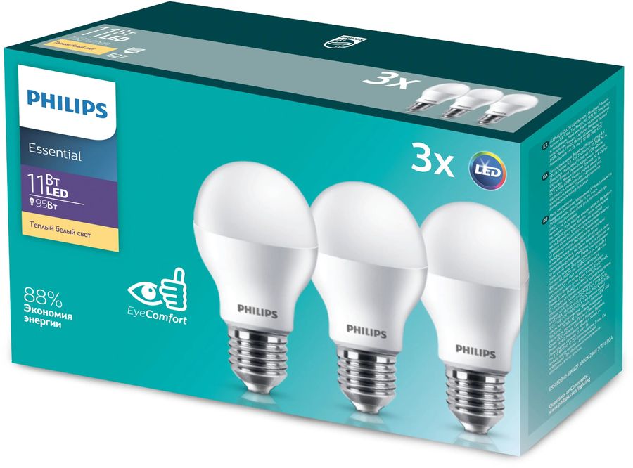  Упаковка ламп LED Philips E27, груша, 11Вт, 3000К, белый теплый, 3 шт.