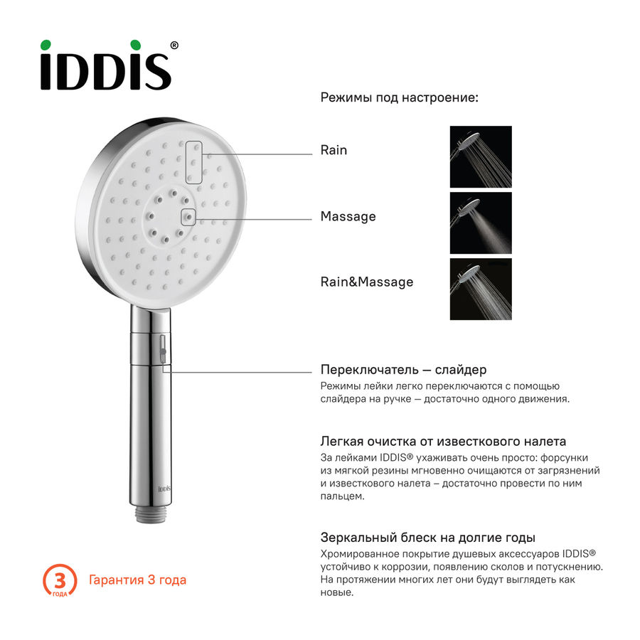 Характеристики Душевая лейка для ванны с душем IDDIS SWI3F00i18, белый ...