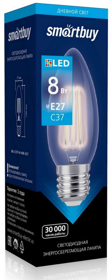 Характеристики Упаковка ламп LED SMARTBUY E27, свеча, 8Вт, 4000К, белый ...