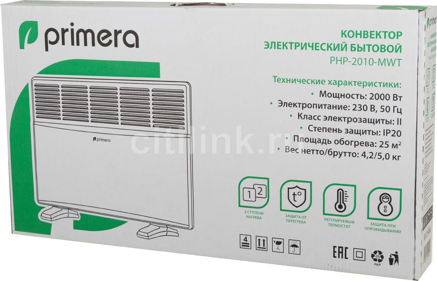 Характеристики Конвектор PRIMERA PHP-2010-MWT, 2000Вт, белый (1644699 ...