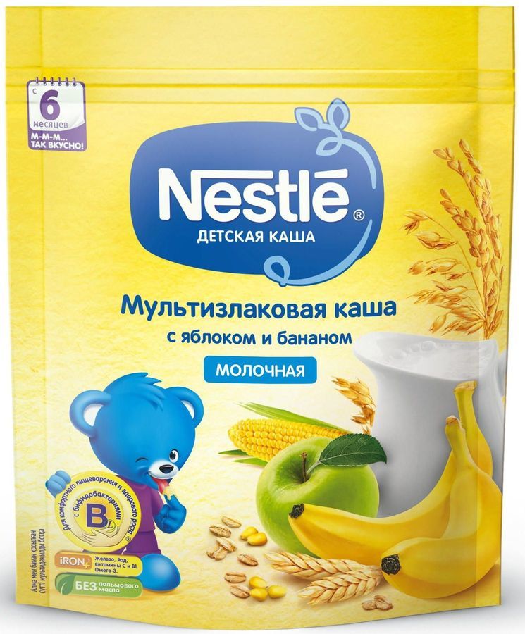 Каша NESTLE молочная, мультизлаковая, яблоко, банан, с 6 месяцев ...