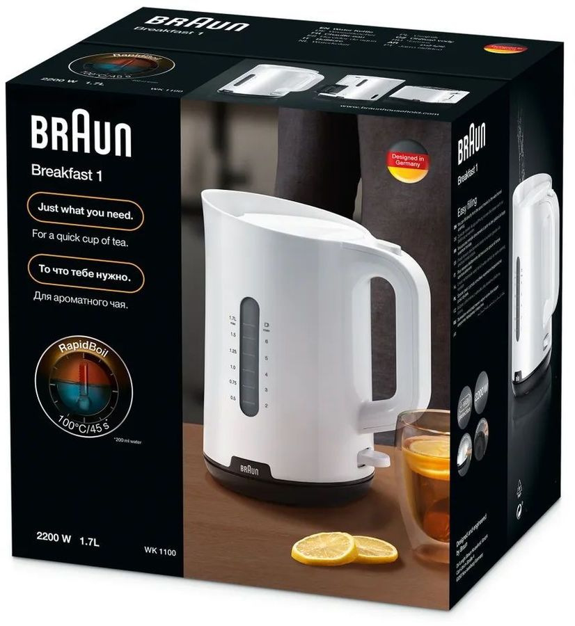 Характеристики Чайник электрический Braun WK1100.WH, 2200Вт, белый ...