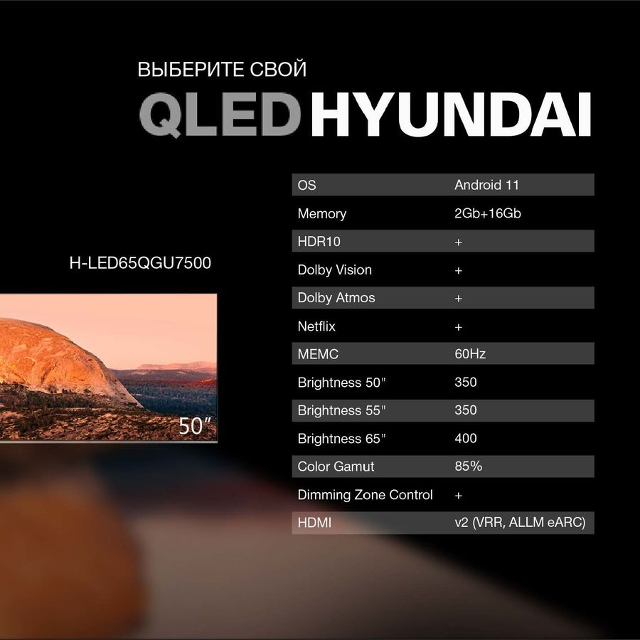 65" Телевизор Hyundai H-LED65QGU7500, QLED, 4K Ultra HD, черный, СМАРТ ...