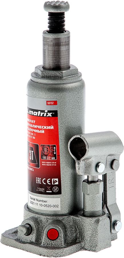 Характеристики Домкрат гидравлический MATRIX 50752 бутылочный, 3т ...