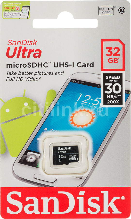 Карта памяти microsdhc uhs i sandisk ultra 32 гб